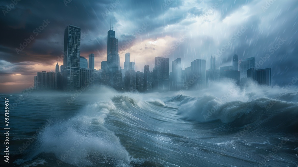 Dramatic scene of large, powerful waves crashing over a dark, ominous city skyline under a heavy rain and storm clouds