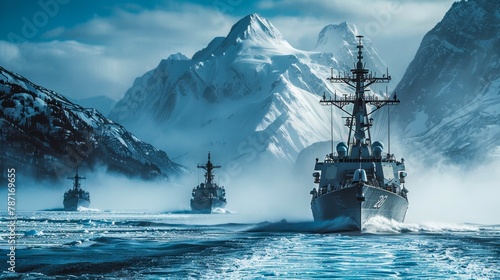 A fleet of naval battleships cutting through icy waters with snow-capped mountains and a clear blue sky in the background photo