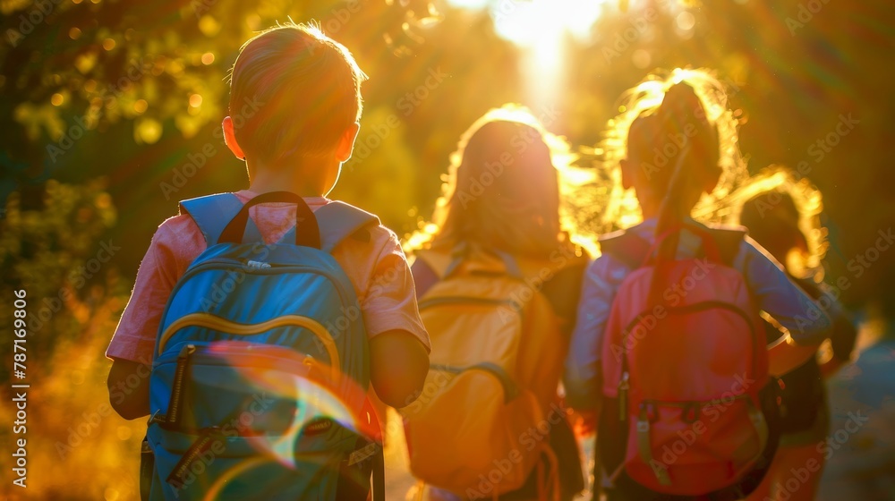 Obraz premium Three kids journey on a sunny path with radiant beams filtering through the trees, invoking a sense of adventure