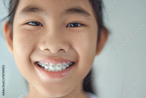 smiling teenage asian girl with braces, close up portrait of asian teen, orthodontic treatment, blurred background