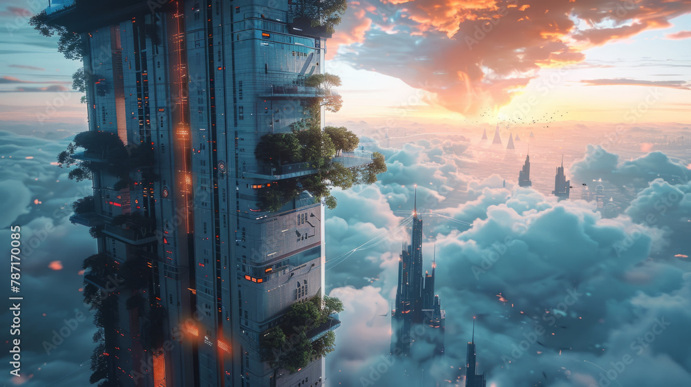 A visionary skyscraper redefining urban landscapes with anti-gravity technology, offering a glimpse into the futuristic urban planning. - obrazy, fototapety, plakaty 