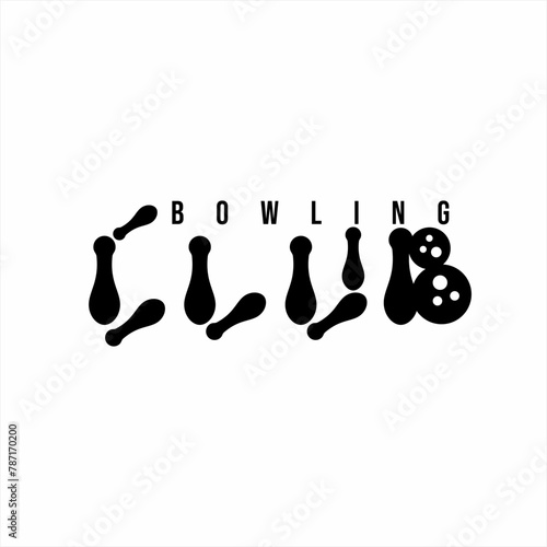 "Bowling Club" word design with illustration of bowling ball and bowling pins.