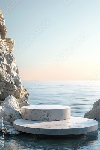 Oceanfront promotion pedestal, 3D island podium, tranquil travel showcase