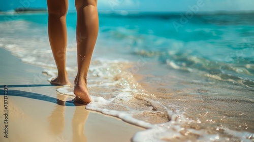 A close-up of a woman's legs walking along the shore, with waves gently brushing over her feet on a sunlit tropical beach