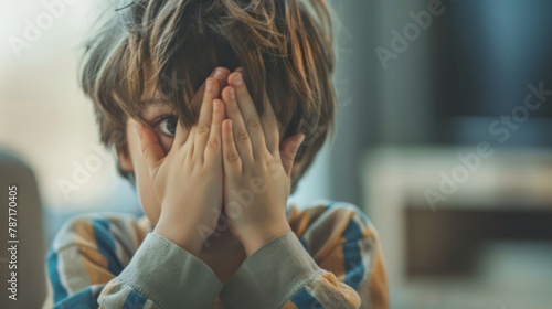 Unhappy kid boy hands hides his face