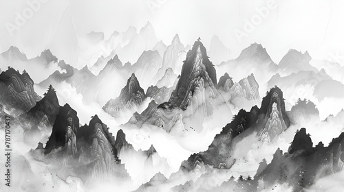 Set of mountains hand drawn with ink, generative Ai © Zoya