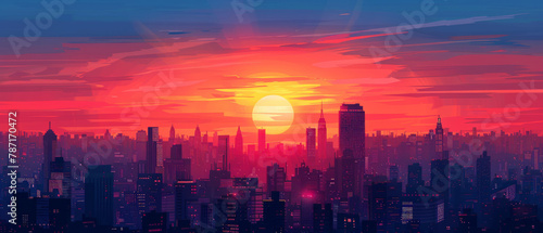 A minimalist vector illustration of a sunrise cityscape