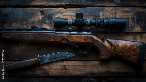 hunting rifle and hunting knife on a wooden background