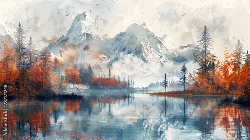 Mountains forests and a lake are shown in a watercolor, generative Ai