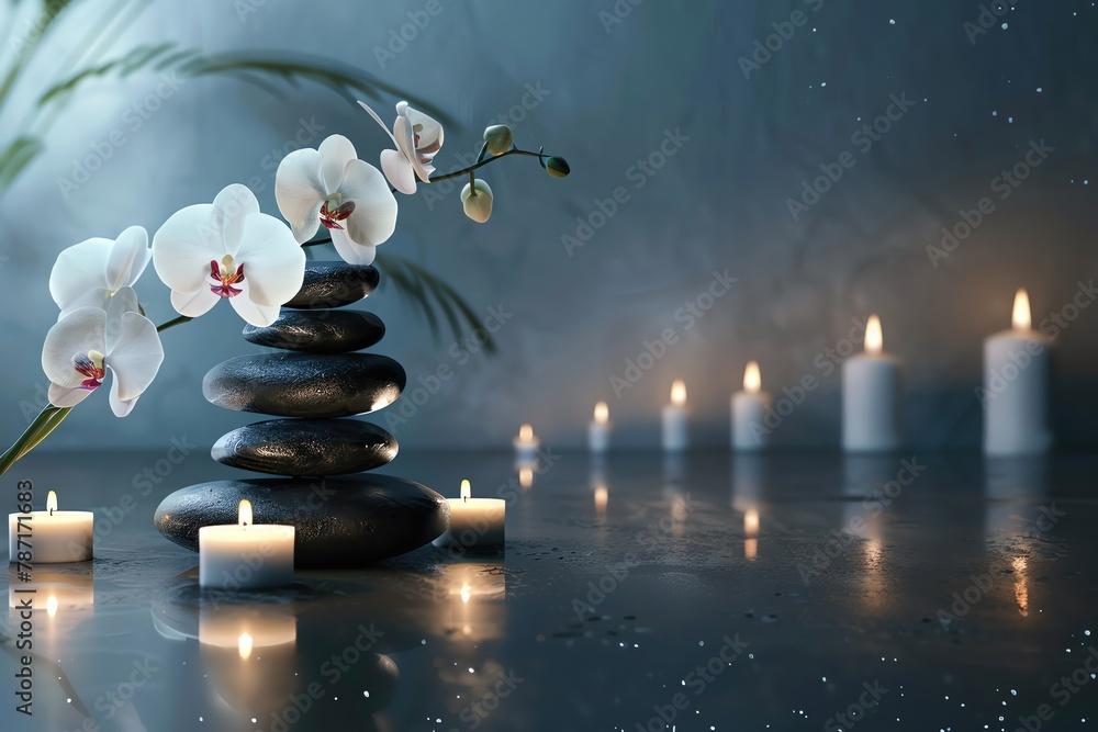 Obraz premium Relaxing spa concept, therapeutic stones, orchid bloom, candle tranquility