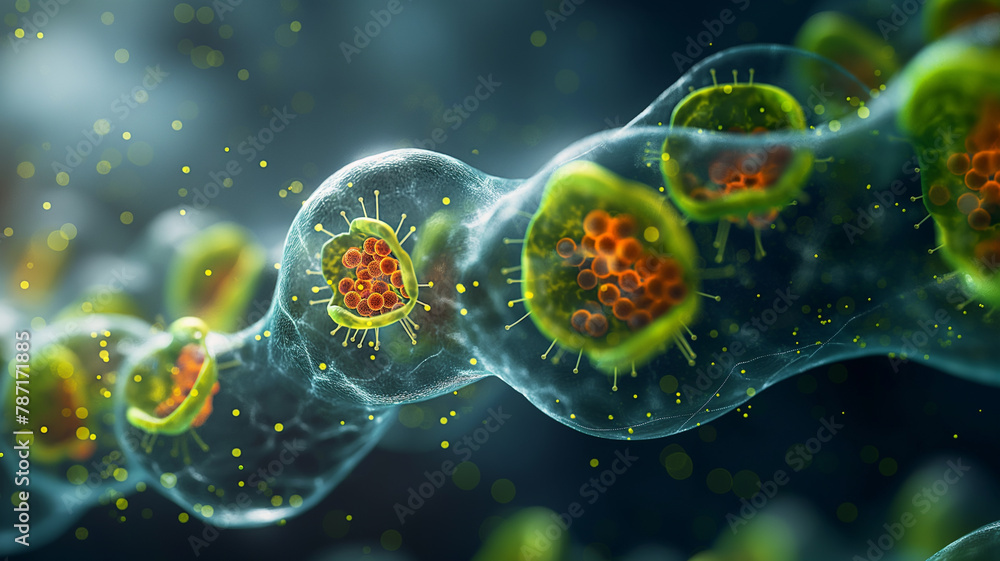 A cluster of green and red cells are shown in a blue background A cluster of green and red cells are shown in a blue background