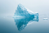 Minimalistic landscape of iceberg, glacier on North pole, water reflection. Pastel blue colors. Modern aesthetic. 