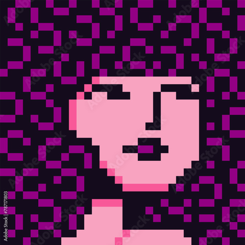Pixel art portrait of cute girl with curly hair pink tones, 8-bit, female character 80-s, avatar, cartoon vector icon, game user, web profile persons, people, social net portrait, fashion woman face.