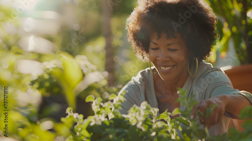 A mature biracial woman gardening outdoors on a video call with copy space : Generative AI