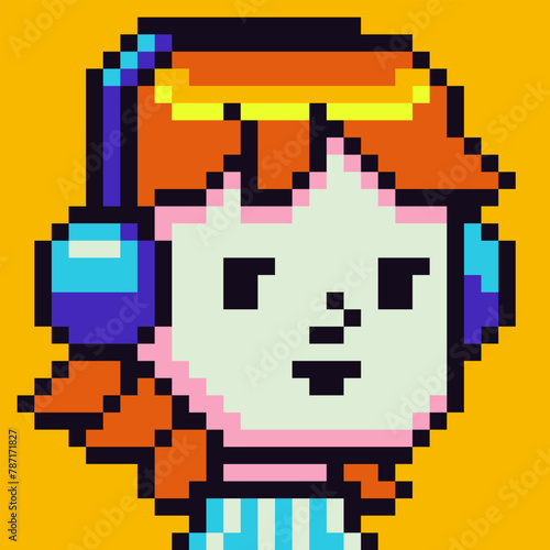 Avatar pixel girl character in headphones, cartoon vector icon, game user or web profile person, people, 8-bit child, social net portrait, young woman face, minimalistic fashion, vector