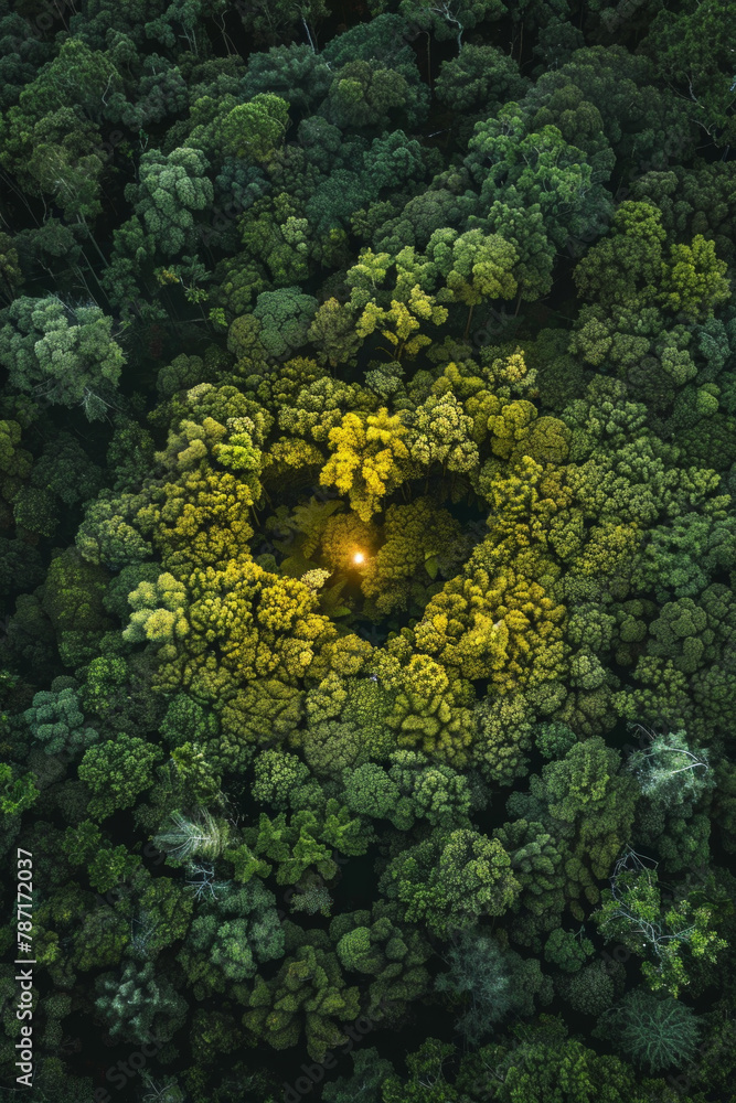 Top down view of a forest with a love shape symbol and glowing light