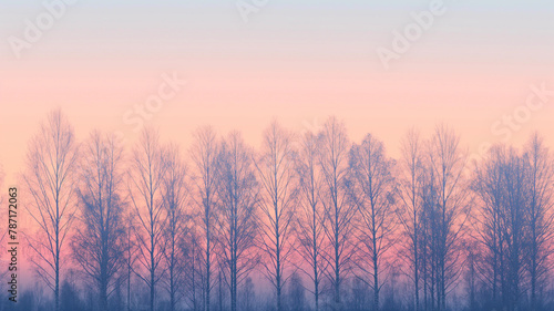 A row of trees with a pink sky in the background