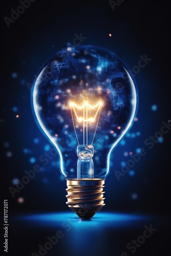 Corporate strategy in action, digital light bulb hologram, midnight blue hue, modern touch