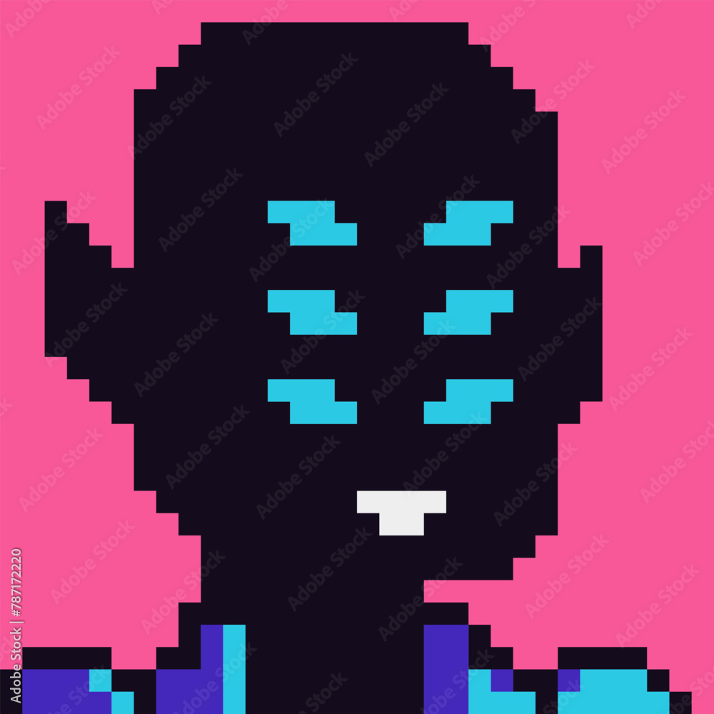 Fototapeta premium Pixel art monster portrait 80-s, cryptoart, 8-bit, creepy character, avatar, cartoon vector icon, game user, web profile persons, people, social net portrait, minimalistic style.