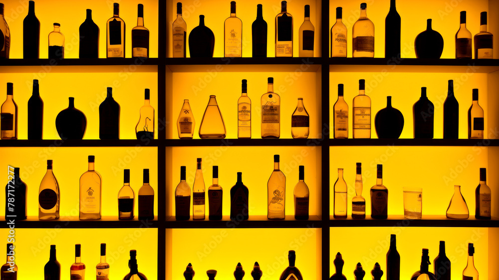 Rows of bottles on shelf in bar, yellow lighting Rows of bottles on shelf in bar, yellow lighting