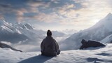 AI-generated yoga enthusiasts practicing mindfulness and meditation amidst snow-covered peaks, finding tranquility in the midst of winter's embrace