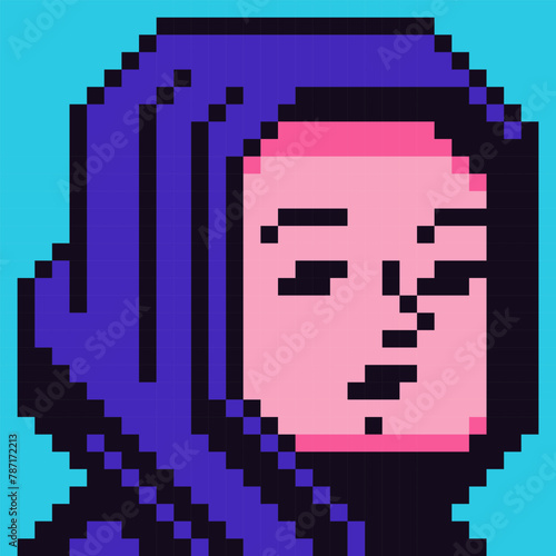 Avatar pixel character in hijab, headscarf, cartoon vector icon, game user or web profile person, people, 8-bit girl, social net portrait, young woman face, minimalistic fashion, vector