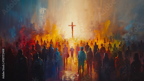 A painting of a large crowd of people with a cross in the middle photo