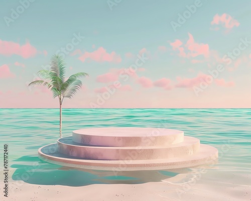Travel ad pedestal on beach  3D summer stand  clear water platform  holiday vibe