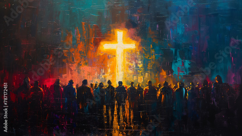 A painting of a cross with a group of people in the background