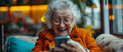 Elderly lady amused by content on smartphone display, showcasing the universal appeal of modern technology and digital entertainment. photo