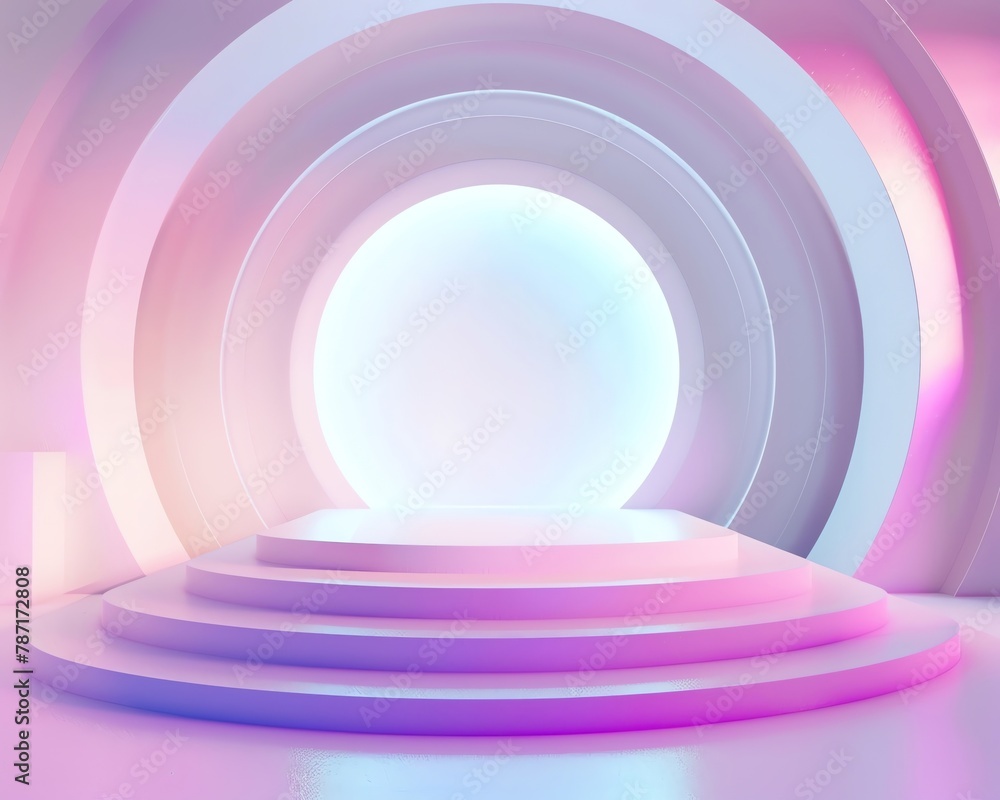 Fototapeta premium Abstract tech platform, bright circle portal, future stage, 3D white showcase