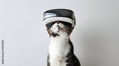 Pet cat wearing virtual reality (VR) goggles. Light background. Space for copy.