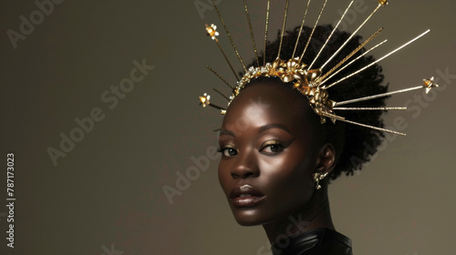 Standing tall and proud a black woman showcases her effortless chic in a sleek black dress matched with an intricate golden headpiece. The lighting sets the mood enhancing the effortless .