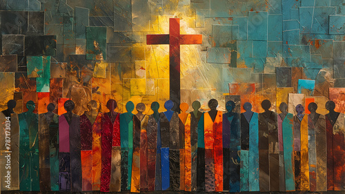 A painting of a cross with a group of people surrounding it