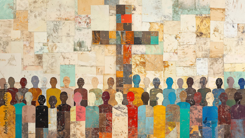 A painting of a cross with a group of people in the background