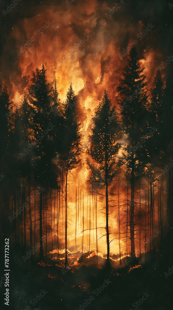 Obraz premium A painting of a forest fire with trees in the foreground and background