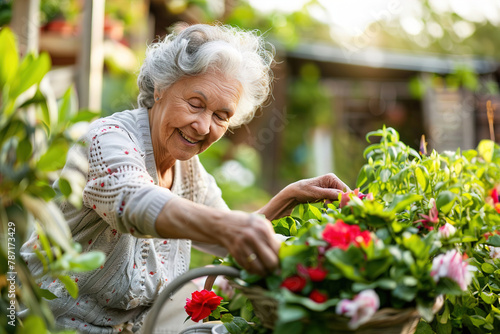 Senior woman tending to her garden, smiling as she tends to her blooming flowers and lush greenery.