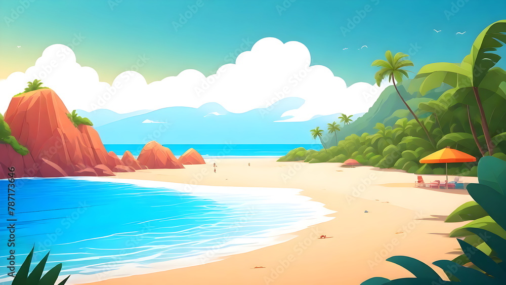 Beach Landscape Summer Holiday Background, Tropical Cartoon Illustration