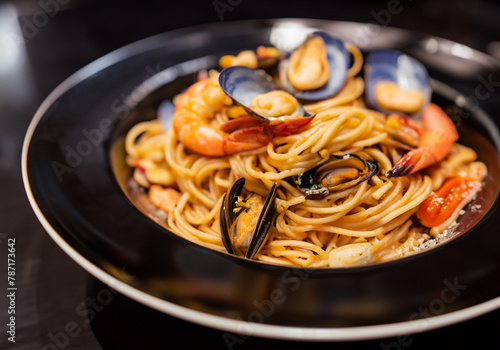 Close up spaghetti with seafood