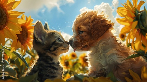 Artistic depiction of a kitten and puppy meeting amid towering sunflowers, their noses almost touching, under a bright blue sky