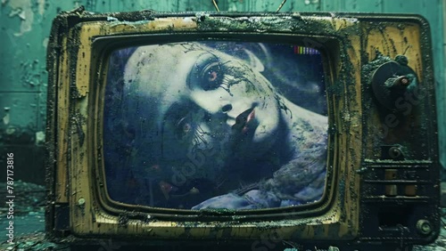A creepy doll face opens its eyes in an old tube TV. Grunge horror background