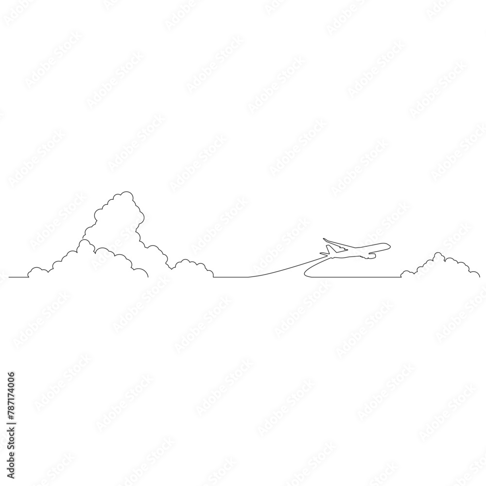 線で描かれたシンプルな飛行機と雲のアウトラインスケッチのイラスト ベクター 線で描かれたシンプルな飛行機と雲のアウトラインスケッチのイラスト ベクター