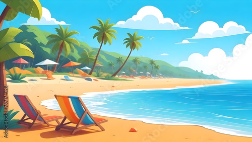 Beach Chairs, Umbrella, Summer Vacation Concept, Tropical Scene Illustration