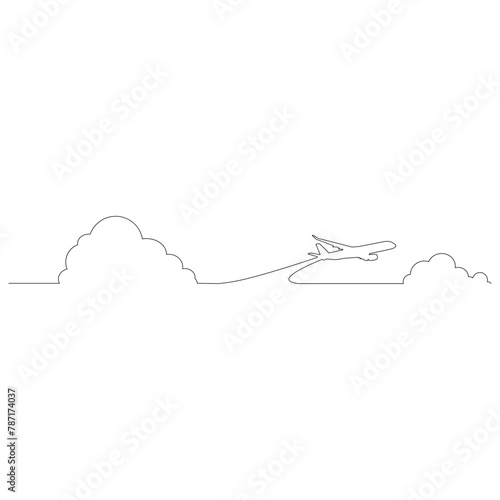 線で描かれたシンプルな飛行機と雲のアウトラインスケッチのイラスト ベクター
