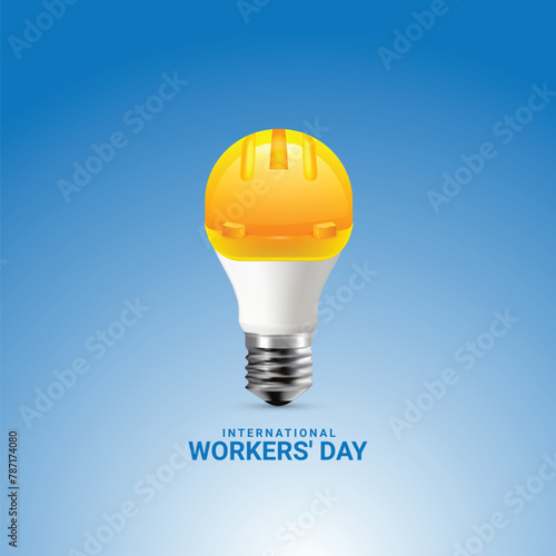 1st May Labor, Employee, Workers, Electrician, Engineers, LED Energy Bulb Light Electric Solar Energy Spark Creative Concept, Yellow safety hat with led energy bulb made a concept for Happy May Day