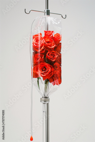 Vibrant red roses inside of a clear IV bag hanging on a metal stand against bright background. Minimal flower serum. Flower therapy. 