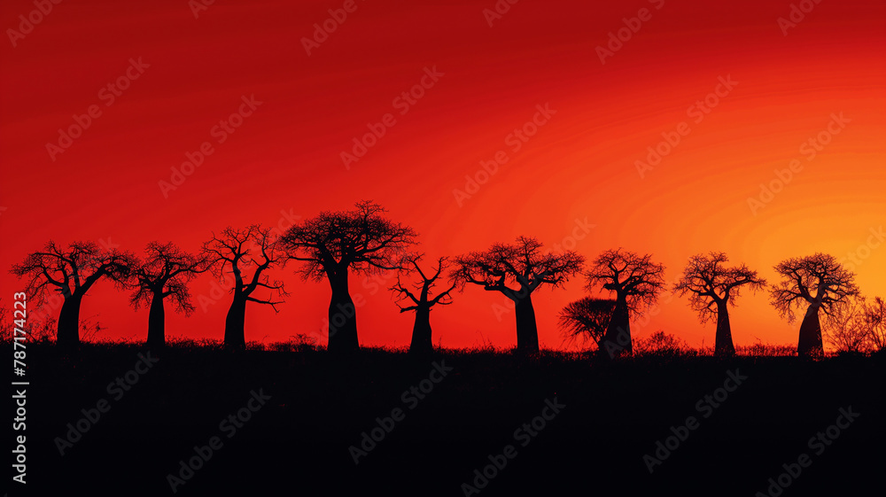 A line of trees are silhouetted against a red sky