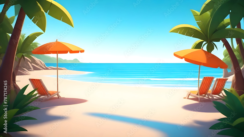 Beach Chairs, Umbrella, Summer Vacation Concept, Tropical Scene Cartoon Illustration