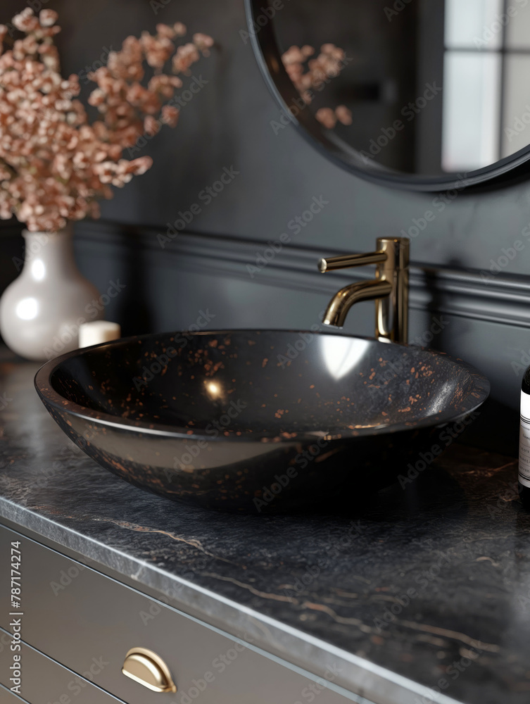 Black sink in stylish bathroom interior