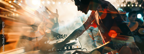 Euphoric beats: a DJ commands the stage, surrounded by an ecstatic sea of dancing fans. Double exposure. photo